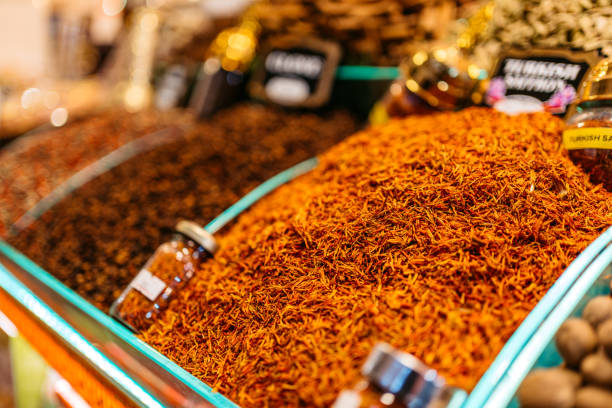 Saffron spice at the Grand Bazaar In Kapali Carsi in Istanbul, Turkey.
