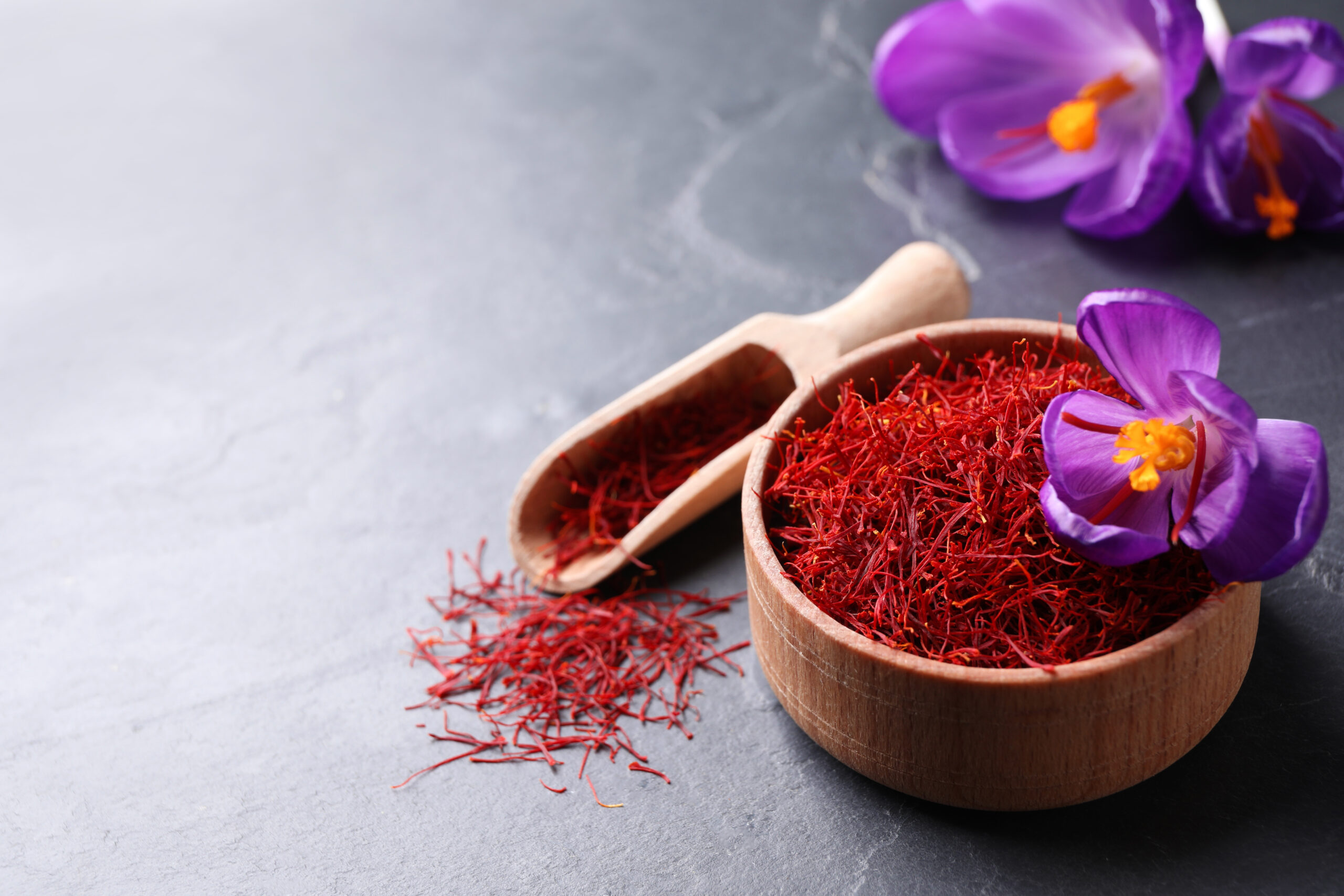 Dried,Saffron,And,Crocus,Flower,On,Grey,Table,,Space,For